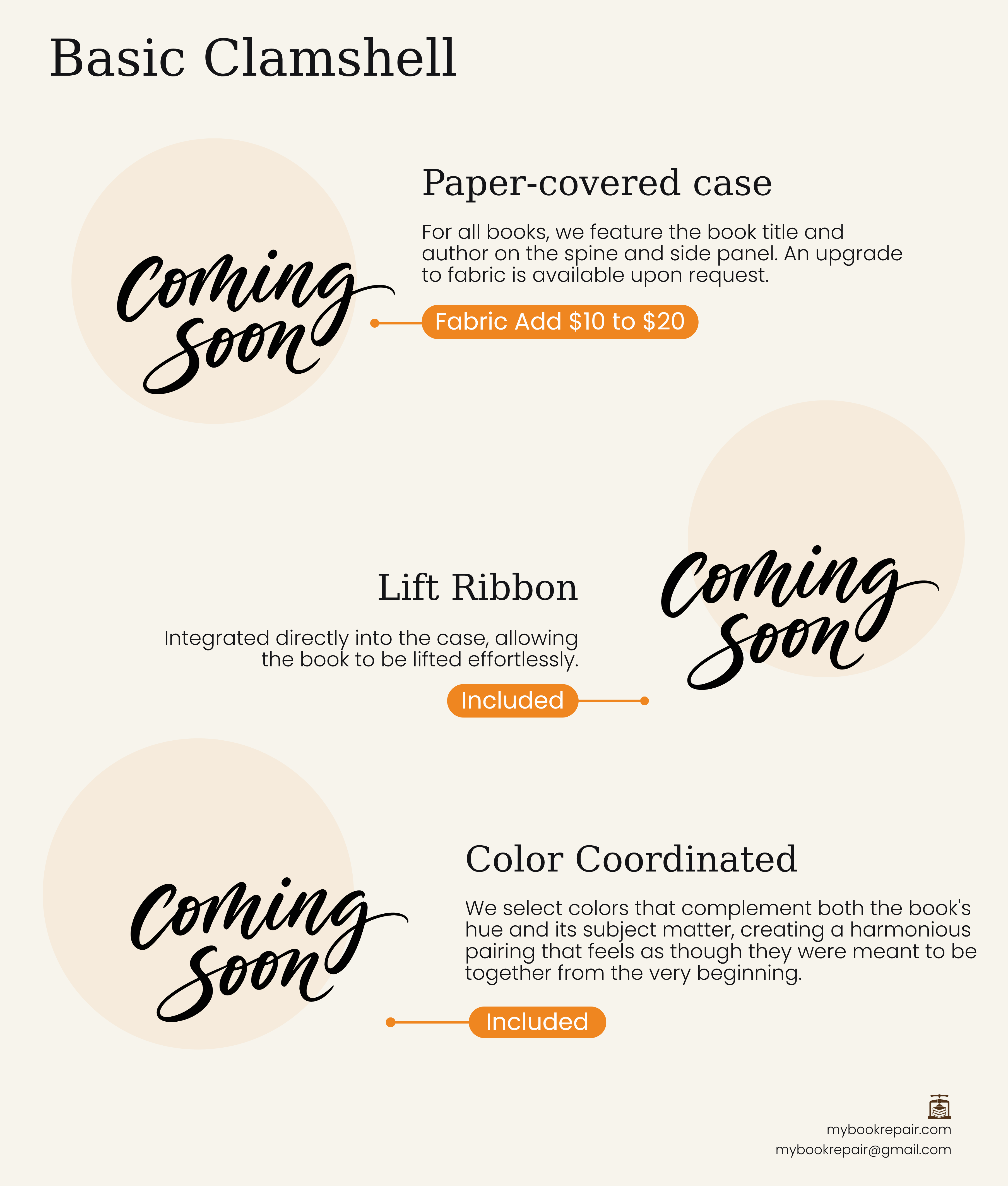 Basic clamshell infographic: a paper-covered case, a lift ribbon, and color coordination.