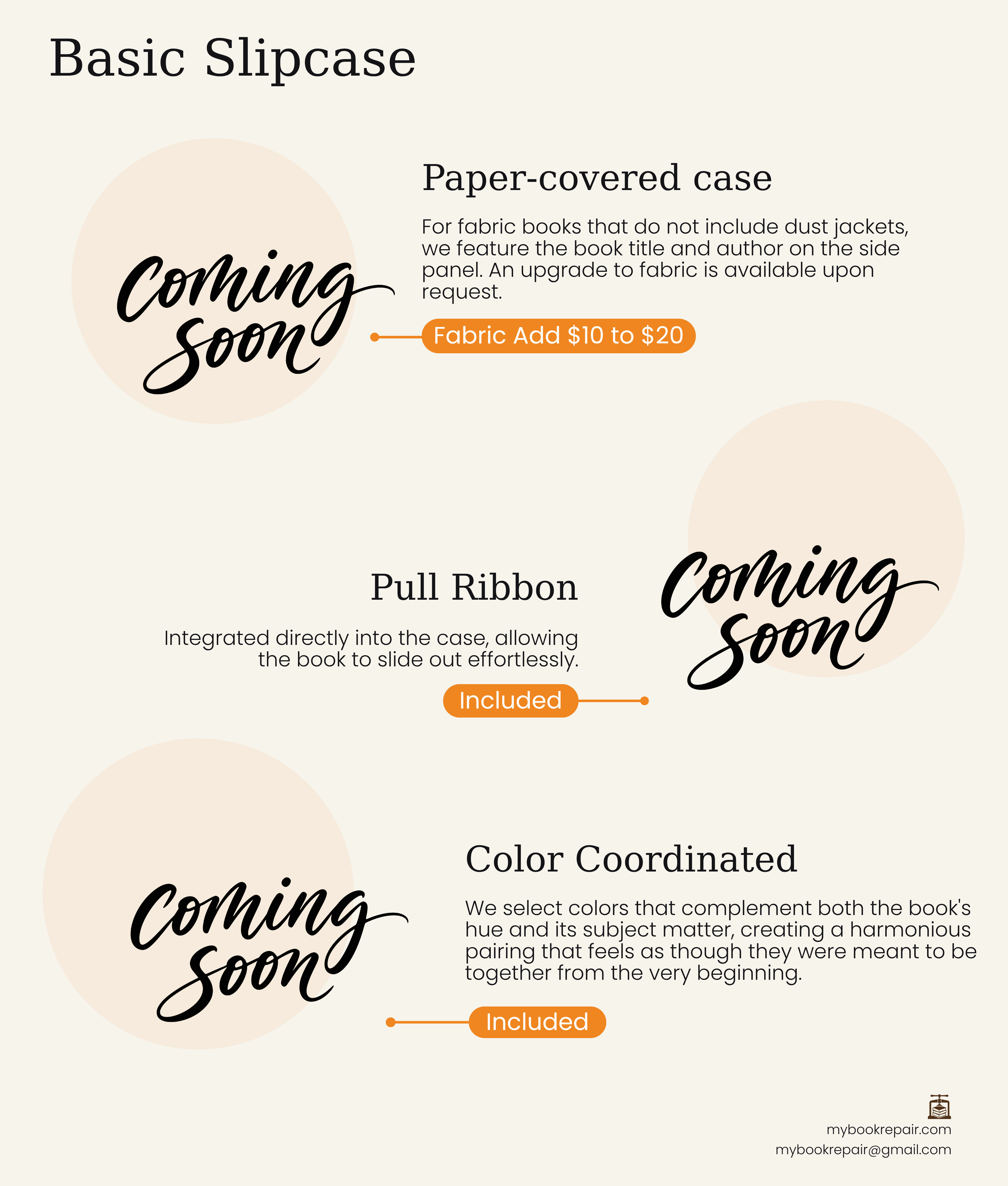 Basic slipcase infographic: a paper-covered case, a pull ribbon, and color coordination.