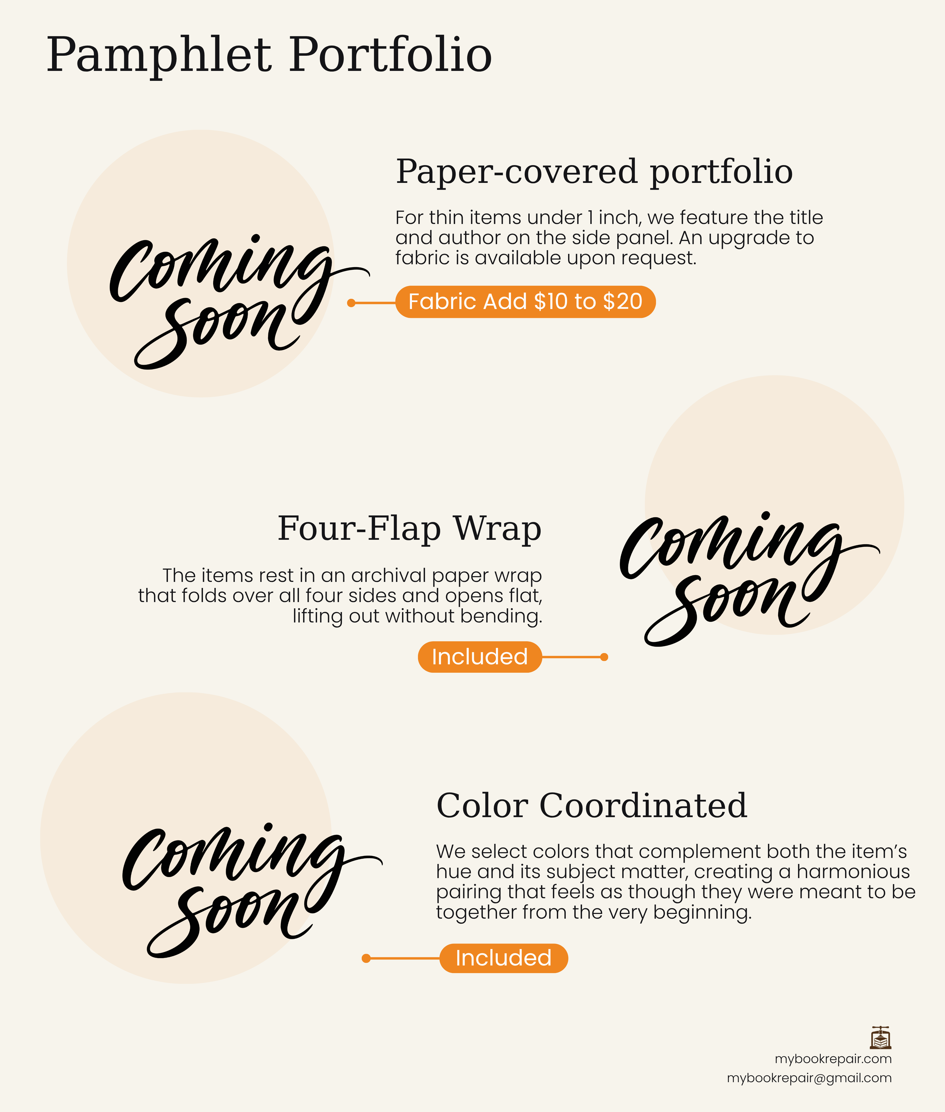 Pamphlet portfolio infographic: a paper-covered portfolio, a four-flap wrap, and color coordination.